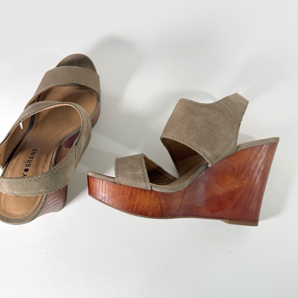 Lucky Brand Lattela Platform Sandal Wooden Wedge Heel Cut Out Taupe Women's 9.5M - Picture 7 of 10